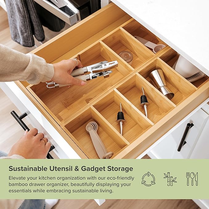 Premium Kitchen Utensils and Junk Drawer Organizer – Small 5-Compartment Design with 4 Removable Dividers, Non-Slip Feet, 100% Sustainable Bamboo-Ruum Studio Home
