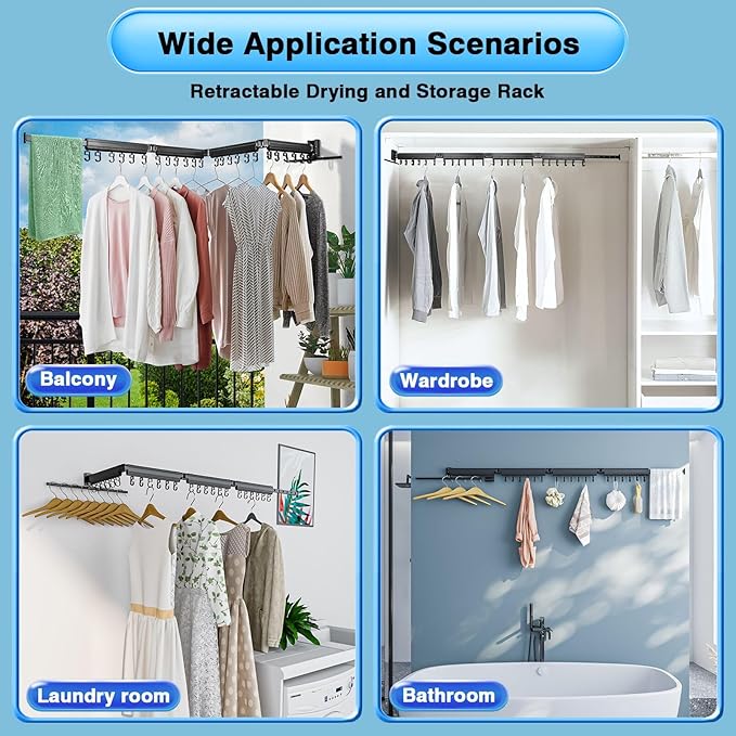 Gezen Clothes Drying Rack, Wall Mounted Drying Rack Clothing Retractable, Foldable Clothes Hanger Rack with 24 Hooks for Laundry Room Organization and Storage, Space Saving, Collapsible, Quad-Fold-Ruum Studio Home