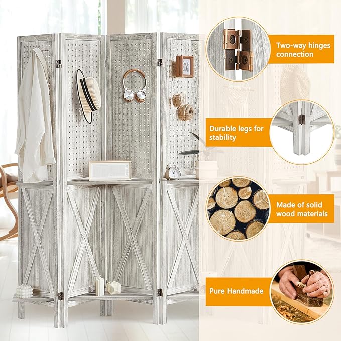 6 Panel Pegboard Display with 24 Hooks, Wooden Pegboard Room Divider Wall with Shelf, Rustic Room Dividers and Folding Privacy Screens, Bedroom, Jewelry Store, White-Ruum Studio Home