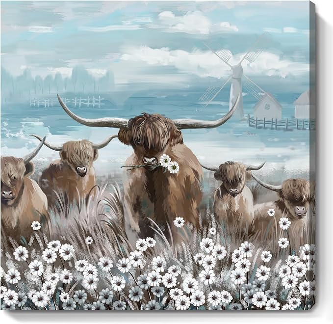 Canvas Wall Art Bathroom Coastal Boho Farmhouse Highland Cow Flower Picture Floral Artwork Rustic Country Landscape Longhorn Animal Painting for Living Room Bedroom Kitchen Décor Blue Brown Small-Ruum Studio Home