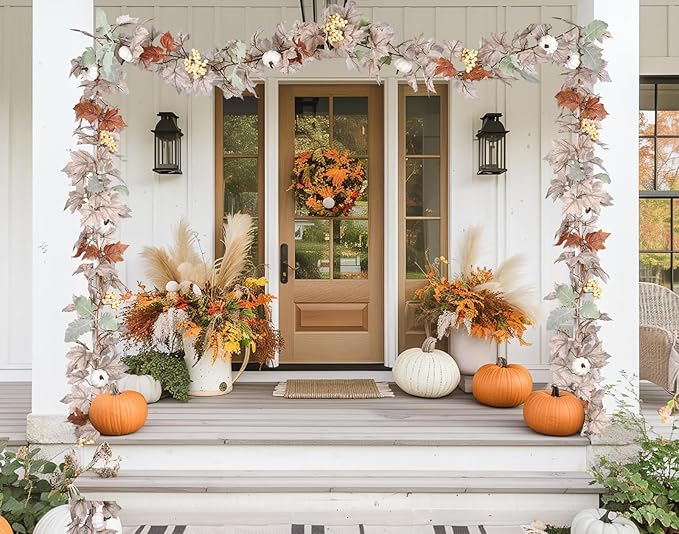 DearHouse Pumpkin Fall Maple Leaf Garland, 6Ft Hanging Vine White Maple Garland Artificial Autumn Foliage Thanksgiving Decor for Home Wedding Fireplace Party Christmas-Ruum Studio Home
