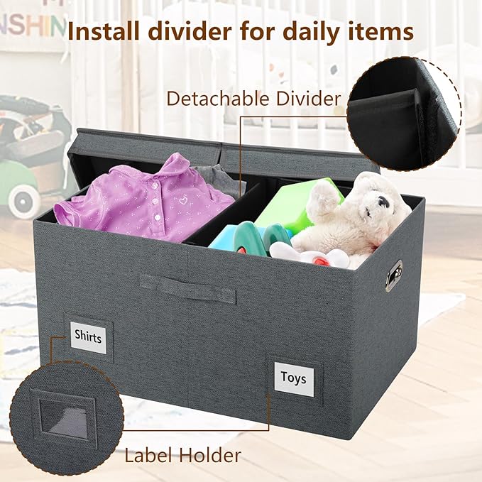 75 Quarts Extra Large Decorative Storage Bins with Lids, 3 Packs Dark Gray Collapsible Storage Bins with Lids, Stackable Storage Bins Decorative Box Storage With Lid Extra Large-Ruum Studio Home