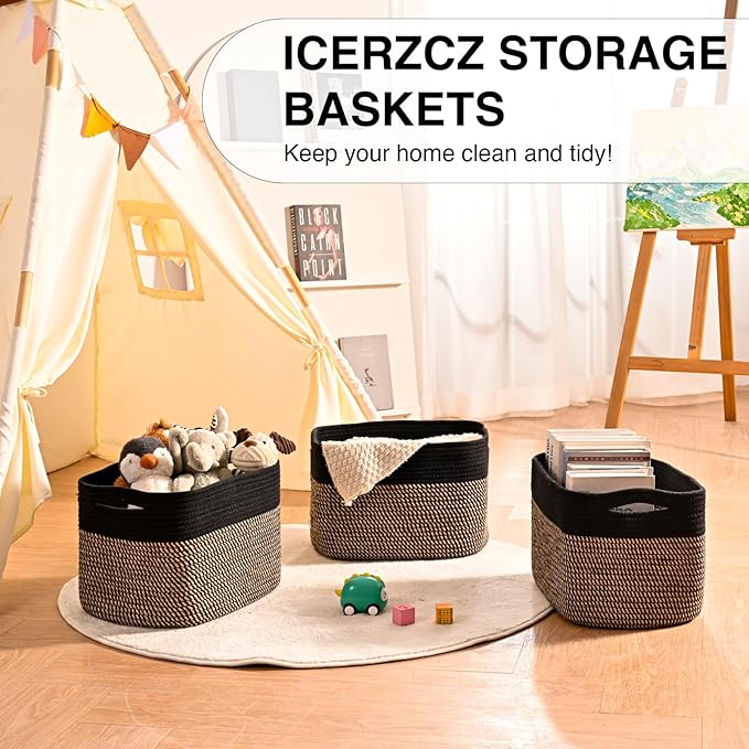 Storage Baskets for Organizing Shelves, Toy Basket for Kid's Room, Woven Cotton Rope Basket for Decor, Organizing Baskets for Bedroom Living Room, 15"x11"x9.5", 3 Packs, Black & Jute-Ruum Studio Home
