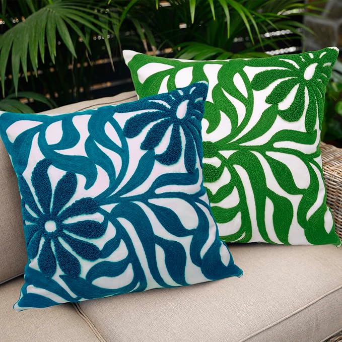 Alysheer Farmhouse Floral Leaves Embroidered Decorative Throw Pillow Cover 18x18 inches, Boho Tufted Flowers Embroidery Pattern Chic Cotton Cushion Case for Couch Bed Sofa Living Room(Teal Blue)-Ruum Studio Home