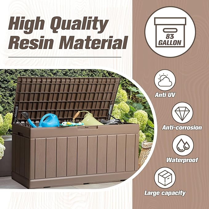 JUMMICO 83 Gallon Outdoor Deck Box Large Resin Storage Box for Patio Furniture Cushions and Garden Tools (Khaki)-Ruum Studio Home