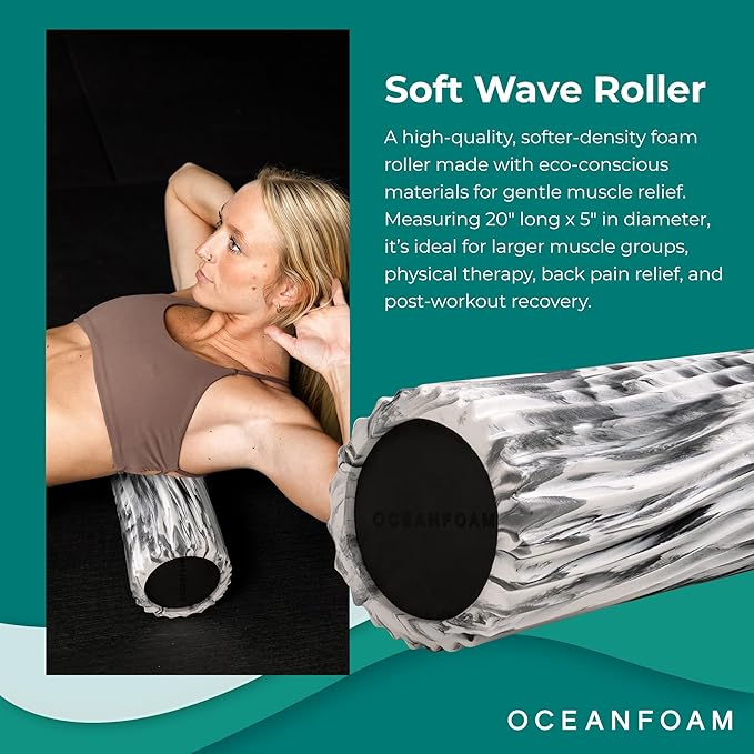 Oceanfoam Soft Tidal Roller (Black Marbled) - Low Density Foam Roller for Physical Therapy, Back Pain, Excercise & Stretching - Wave Textured - Yoga, Athletics, & Wellness - Full Size, 20" x 5"-Ruum Studio Home