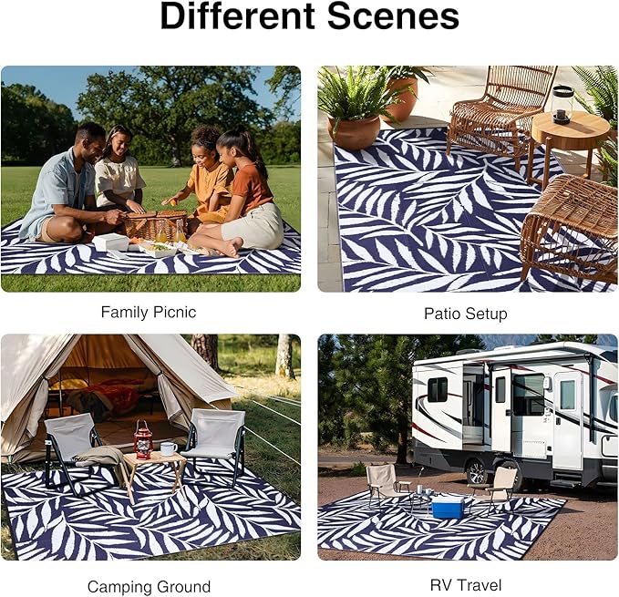 OLANLY Waterproof Outdoor Rug 9x12 ft, Reversible Outdoor Plastic Straw Rug with Leaf Pattern, RV Mat, Indoor Outdoor Carpet for Patio, Camping, Balcony, Deck, Backyard, Navy & White-Ruum Studio Home