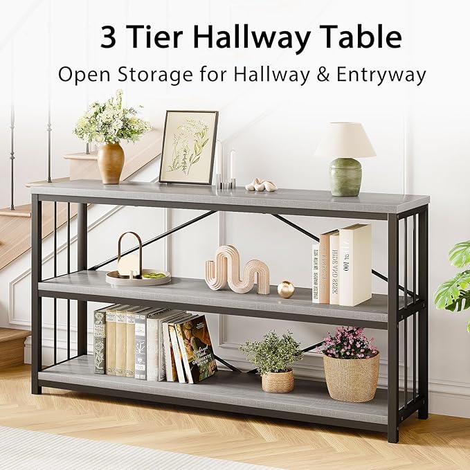 LVB Farmhouse Industrial Console Table, Wood Metal Foyer Entryway Sofa Tables with Storage, 3 Tier Long Rustic Entry Table TV Stand with Shelves for Home Living Room Hallway, Light Grey Oak, 55 Inch-Ruum Studio Home