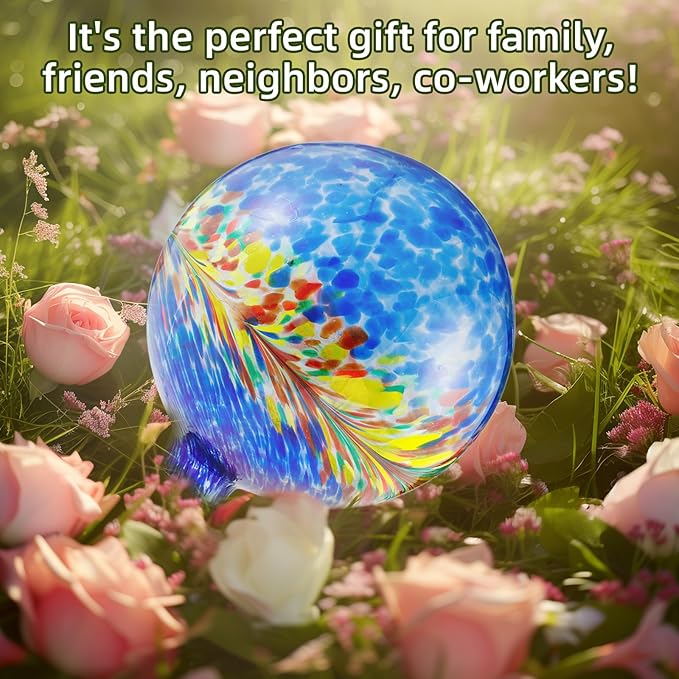 VOREEN 10-Inch Glass Gazing Ball, Outdoor Gazing Globe, Reflective Ball Yard Decoration for Homes, Patio, Lawn and Gardens, Gift for Mom Wife Friend, Phoenix Tail Design, Blue-Ruum Studio Home