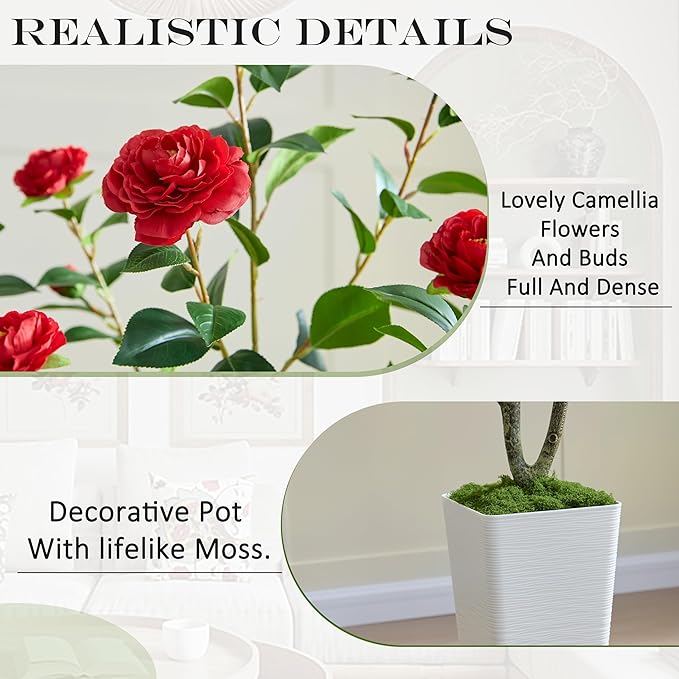 Artificial Camellia Tree 5FT Faux Trees Indoor Fake Floral Plant Blooming Tree with Red Flowers & White Tall Planter, Faux Camellia Plants for Porch Home Room Bedroom Office Front Door Outdoor Decor-Ruum Studio Home