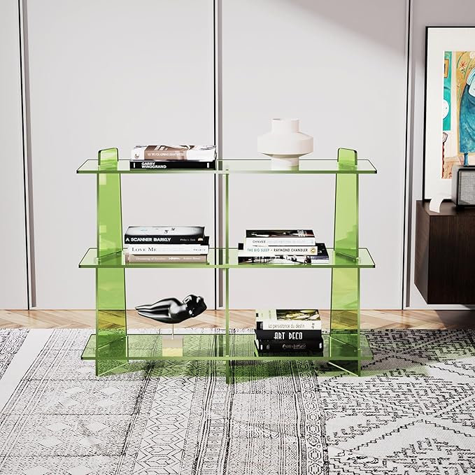 Acrylic Bookshelf, Small 3 Tier Open Bookcase for Small Spaces,Sofa Table, Hallway Entry Table for Home Living Room (Green, 39.4'' x 11.8'' x 31.5'')-Ruum Studio Home