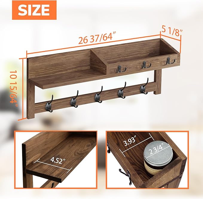 AMBIRD Wall Hooks with Shelf 26.57inch Entryway Wall Hanging Shelf Wood Coat Hooks for Wall with Shelf Coat Rack Wall Mount Rack with 5 Dual Hooks 3 Key Hooks Mail Organizer and Key Rack Key Holder-Ruum Studio Home