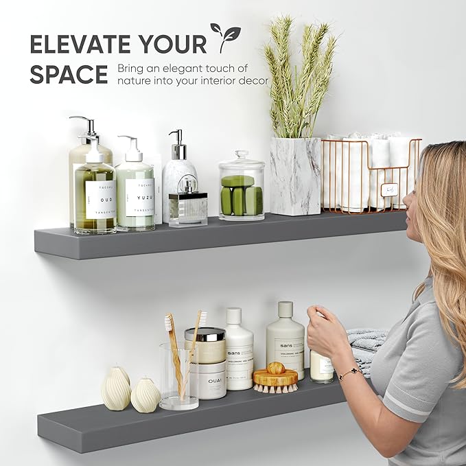 Homeforia 36 inch Gray Floating Shelves, High End Solid Real Wood 36inch Floating Shelf for Wall Mounted, Grey Wooden 36 inches Long Floating Shelves, Heavy Duty Bracket, 36 X 6.5 X 1.75 in, Set of 2-Ruum Studio Home