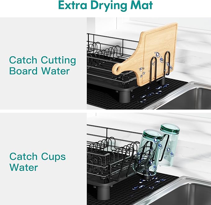 Black Stainless Steel Dish Drainers Drying Rack for Kitchen Counter with Drainboard Set, Rust Proof Metal, Space Saving, Modern Aesthetic, Compact Plates Strainers with Extra Mat-Ruum Studio Home