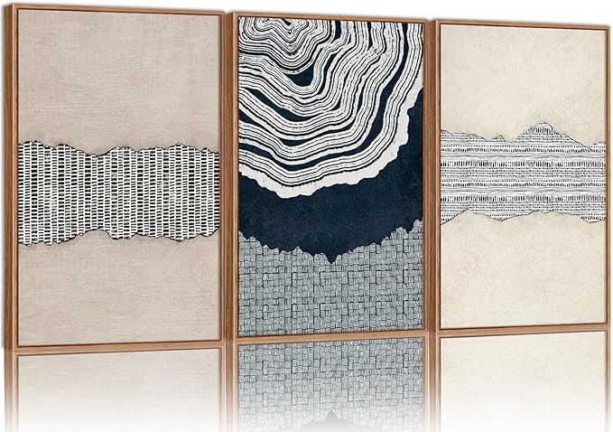 SIGNINART Blue and Beige Framed Canvas Wall Art Set, Neutral Abstract Tree Ring Wall Decor, Minimalist Dots and Line Artwork, Geometric Pattern Art Paintings for Living Room, Bedroom, Office 16"x24"x3-Ruum Studio Home