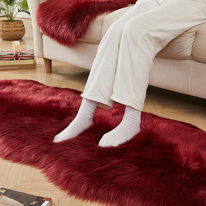 AMTOVO Faux Sheepskin Rug, Burgundy Ultra Soft Fluffy Shag Area Rug, 2 x 6 ft Faux Fur Rug for Bedroom Sofa Throw Cushion Room Decor, Sheepskin-Ruum Studio Home