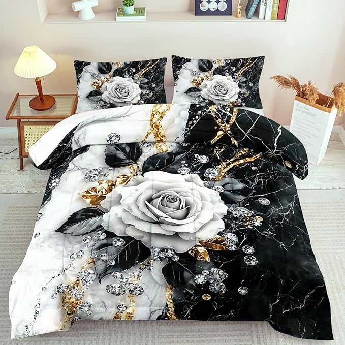 Marble Floral Comforter Set for Queen Bed Women,Vintage Flower Bedding Set Queen,White and Black Comforter Rose Quilt for Girls,Rose Bedding Floral Bedroom Decor Adults-Ruum Studio Home