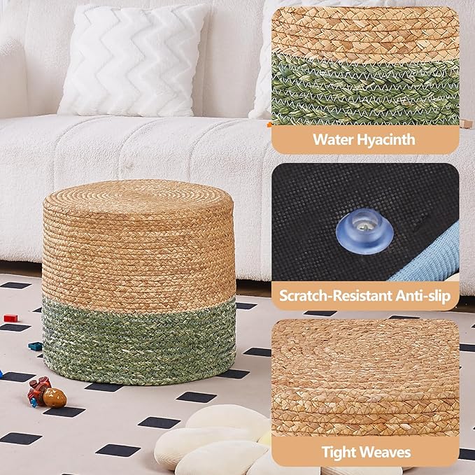 Wimarsbon 18'' Ottoman Pouf, Natural Braided Poof, Rustic Handweave Lounge Pouffe, Boho Footrest Stool for Bedroom, Accent Table for Living Room (Natural Water Hyacinth + Green Corn Husk)-Ruum Studio Home