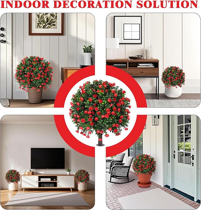 Artificial Boxwood Topiary Tree with Rose, Set of 2 Artificial Shrub Bushes with Ground Spike, Fake Evergreen Tree for Porch, Artificial Plants for Outdoor Planters Indoor UV Resistant-Ruum Studio Home