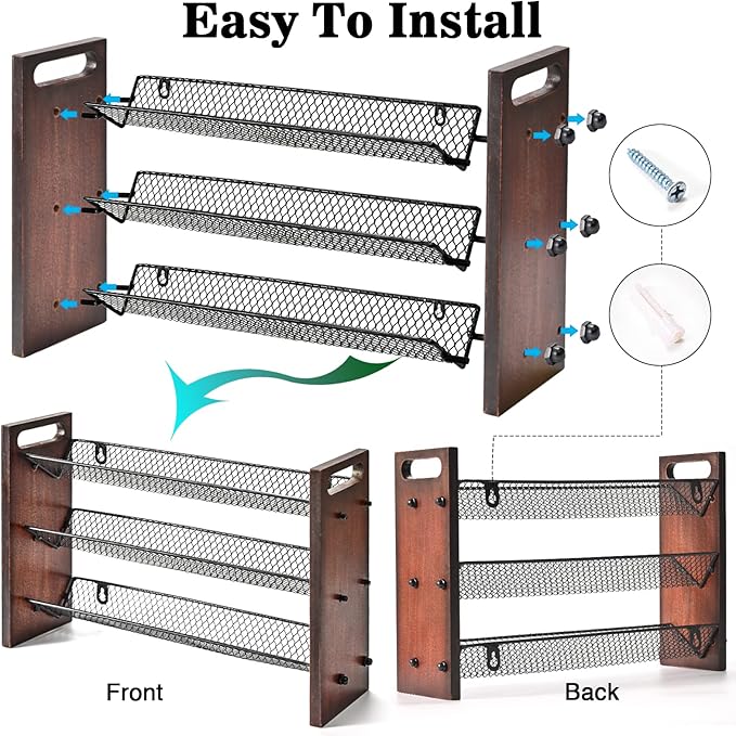 Spice Rack, Spice Rack Organizer without Seasoning Jars, Wooden Rustic 3 Tier Kitchen Spice Organizer Shelf for Cabinet, Countertop or Wall Mount-Ruum Studio Home