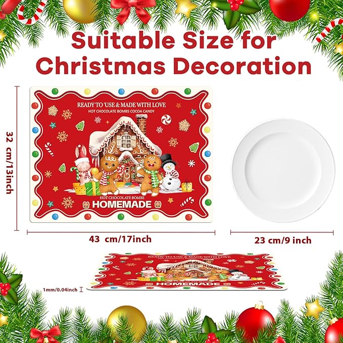 Christmas Placemats Set of 6 Christmas Retro Gingerbread Plastic Table Mats Xmas Bakery Gingerbread House Place Mats Winter Holiday Table Decoration for Indoor Outdoor Party Kitchen Dining-Ruum Studio Home