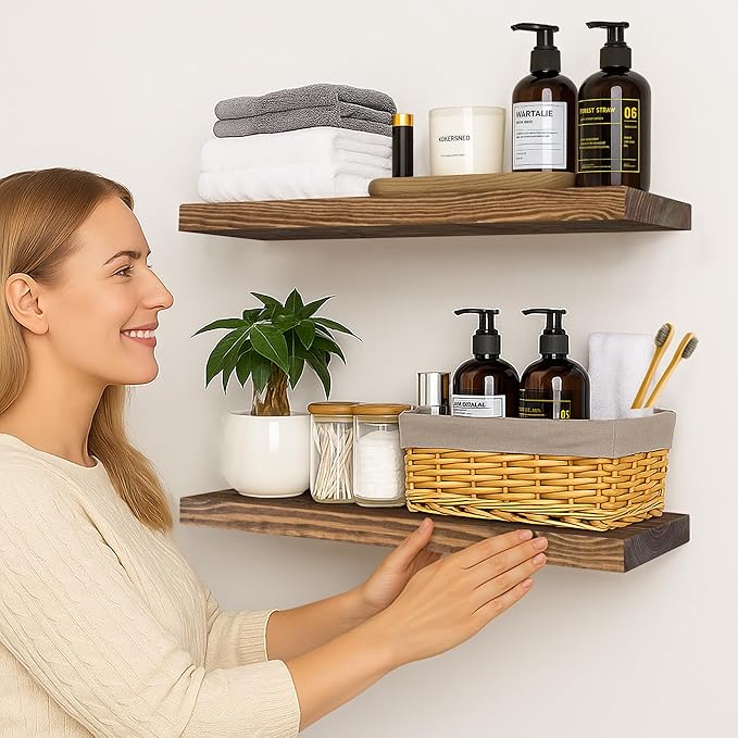 BGMG Wood Floating Shelves for Wall 24 inch Set of 2, Rustic Wooden Wall Mount Shelves for Bathroom Living Room Bedroom Kitchen Farmhouse -24x 6.7 x1.25 inch- Walnut Color-Ruum Studio Home