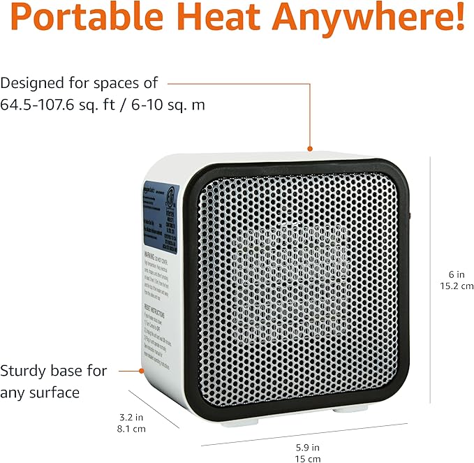 Amazon Basics Ceramic Space Heater, Mini Heater for Office Desk, 500 W, Portable Tent Heater for Camping (Indoor Use), With Tip-Over Protection, Lightweight (1.4 LBS), White, 5.9 x 3.2 x 6 inches-Ruum Studio Home