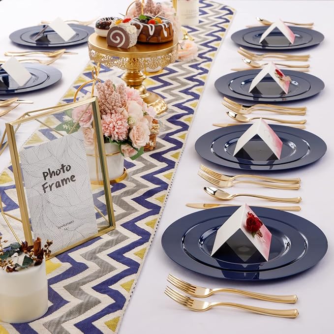 FLOWERCAT 60PCS Blue Plastic Plates - Heavy Duty Blue Plates Disposable (10.25" & 7.5") - serve for 30guest Birthday Party/Wedding/Father's Day/Memorial Day/Graduation-Ruum Studio Home