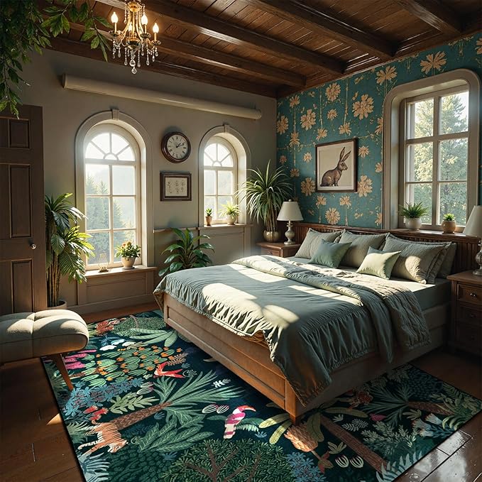 LIVEBOX Washable Bedroom Rug 8x10 Under Bed, Modern Stain Resistant Dark Green Botanical Rug for Living Room Playroom Kids Boy Room, Non-Slip Jungle Forest Print Rugs for Nursery Baby-Ruum Studio Home