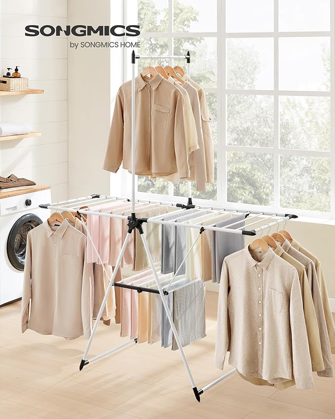 SONGMICS Clothes Drying Rack, Foldable 2-Level Laundry Drying Rack, Free-Standing Airer, 1 Additional Tall Hanging Bar, 2 Height-Adjustable Wings, 24 Drying Rails, Space Savng, Simply White ULLR521W01-Ruum Studio Home