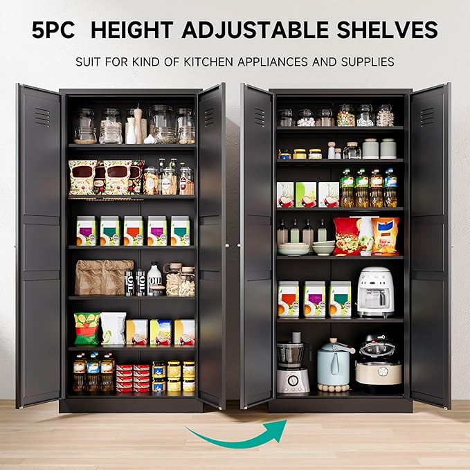 SISESOL Black Storage Cabinet,71" Tall Pantry Cabinet,Kitchen Pantry Storage Cabinets with 2 Doors and 6 Shelves,Wide Deep Metal Food Cupboard for Home,Kitchen,Dining/Living Room-Ruum Studio Home