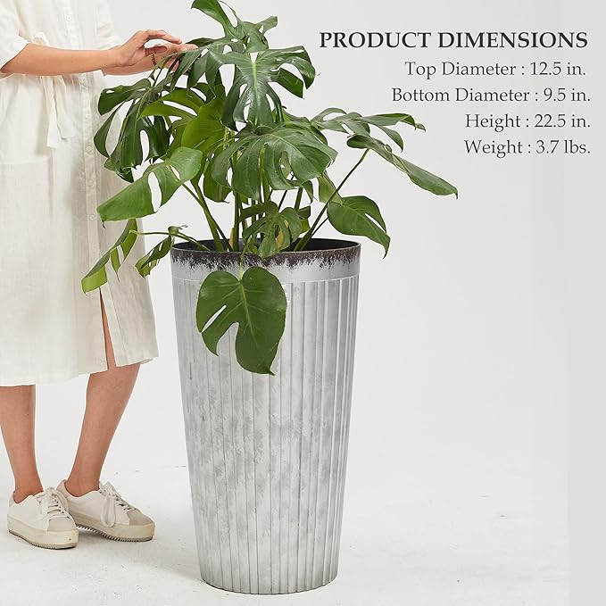 Worth Garden 22.5" H. Plastic Planters - Set of 2 Silver Color Tall Conical Plant Pots for Indoor Outdoor Use - Decorative Lightweight Flower Pots for Front Porch, Patio, Deck - 12.5" Dia x 22.5" H-Ruum Studio Home