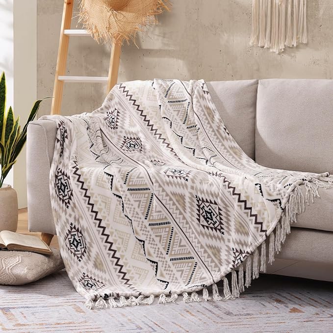 CASAAGUSTO Boho Throw Blanket - Beige and Gray Decorative Blankets with Tassel, Printed Flannel Bohemian Blanket for Chair, Bed, Sofa, Couch(60 * 80, Beige and Gray)-Ruum Studio Home