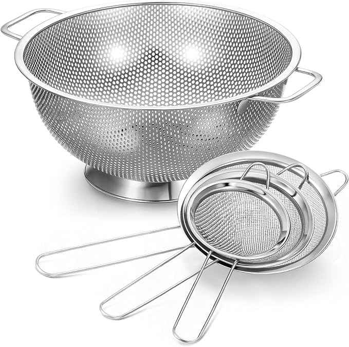 Norme 4 Quart Stainless Steel Silver Colander and 3 Pcs Silver Fine Mesh Strainer, Stainless Steel Pasta Rice Food Metal Strainer with Handles, Easy Clean and Dishwasher Safe-Ruum Studio Home