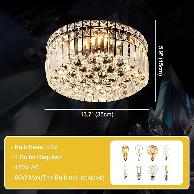 4-Light Black Crystal Chandeliers Flush Mount Chandelier Light Fixture with K9 Crystals Modern Ceiling Lights Elegant Round Lamp for Bedroom,Hallway,Bar,Living Room,Dining Room,H5.9 xW13.7-Ruum Studio Home