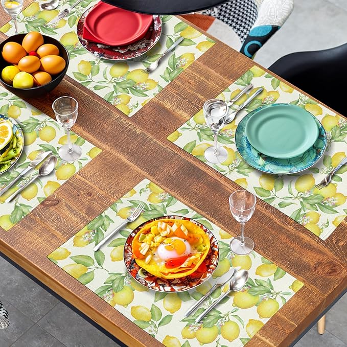 Lemon Placemats Set of 4 Summer Yellow Fruit Green Leaf Floral Linen Table Mat Rustic Farmhouse Spring Heat Resistant Non Slip Washable Place Mats for Dining Kitchen Party Decor-Ruum Studio Home