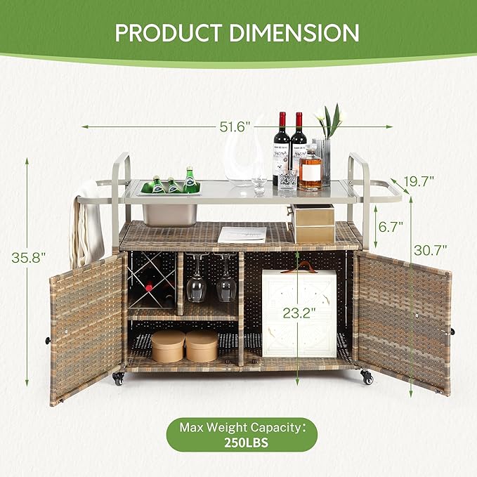 Wicker Outdoor Bar Cart with Ice Bucket, Patio Bar Table with 2 Ratten Doors Cabinet and Casters for Grill, Kitchen and Garden,Beige-Ruum Studio Home