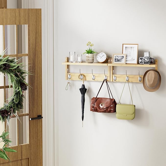 Coat Rack with Shelf, 2 Pack Bamboo Wall-Mounted Coat Hanger with 8 Hooks for Entryway, Hallway, Kitchen, Bathroom, Living Room, Utility Room (Natural)-Ruum Studio Home