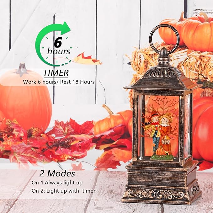 Fall Snow Globes, Scarecrow Couple with Pumpkin Scene Snow Globes, Glittering Lantern with Timer, Snow Globe Lantern USB or Battery Powered for Fall Festival Thanksgiving Day Decor-Ruum Studio Home