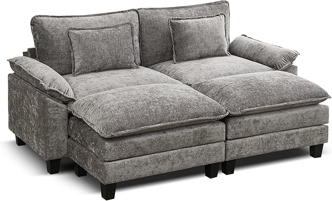 URRED Modular Sectional Sofa Comfy Cloud Couch, Modern Chenille Sofa Sleeper Deep Seat Couches with Ottoman/Pillows for Living Room (Gray, 82.6''- 2 Ottomans)-Ruum Studio Home
