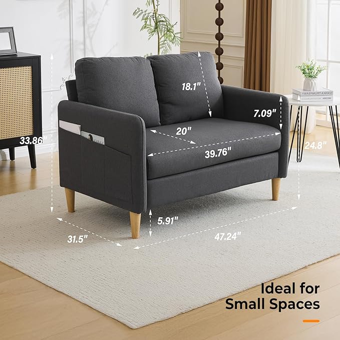 VINGLI 47" Small Couch, Dark Grey Linen Loveseat Sofa Mini Couch Mid Century Modern Decor Love Seat for Small Spaces Living Room, Bedroom, Play Room-Ruum Studio Home