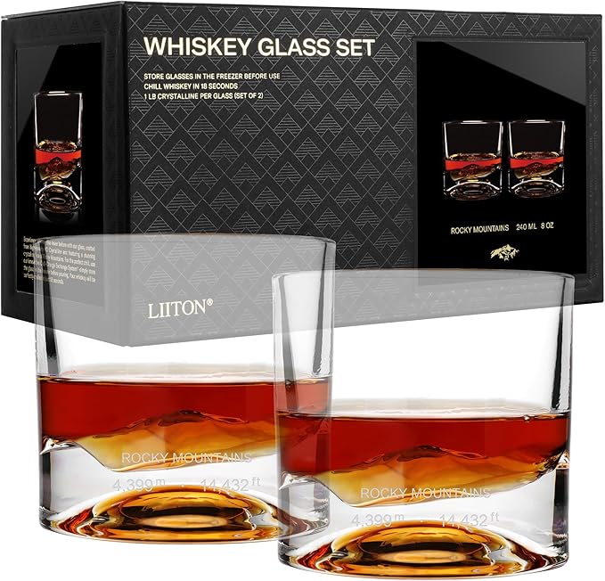 Rocky Mountains Heavy Crystal Whiskey Glasses Gift Set of 2, Thick Freezable Bourbon Glass 1lb Each, Premium Whiskey Gifts for Men, Frozen Crystal Chills Cocktails, 10 oz-Ruum Studio Home