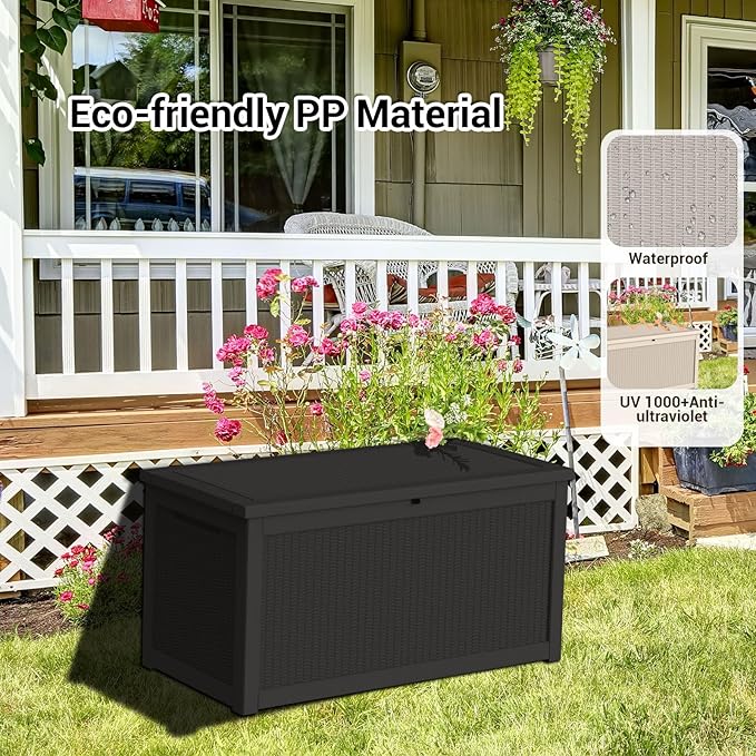 DRATO 260 Gallon Deck Box, Outdoor Large Waterproof Resin Storage Box with Lockable Lid for Patio Cushions, Gardening Tools, Sports Equipment, Black-Ruum Studio Home