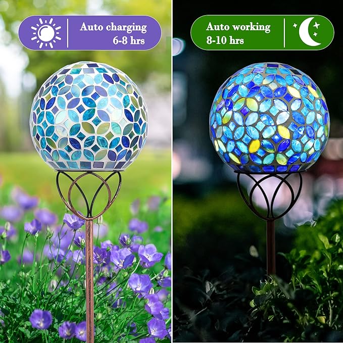 Solar Lights Outdoor Decorative, Solar Gazing Ball Mosaic Garden Stakes Decorative Waterproof Outdoor Lights for Pathway Yard Lawn Decoration (Blue)-Ruum Studio Home