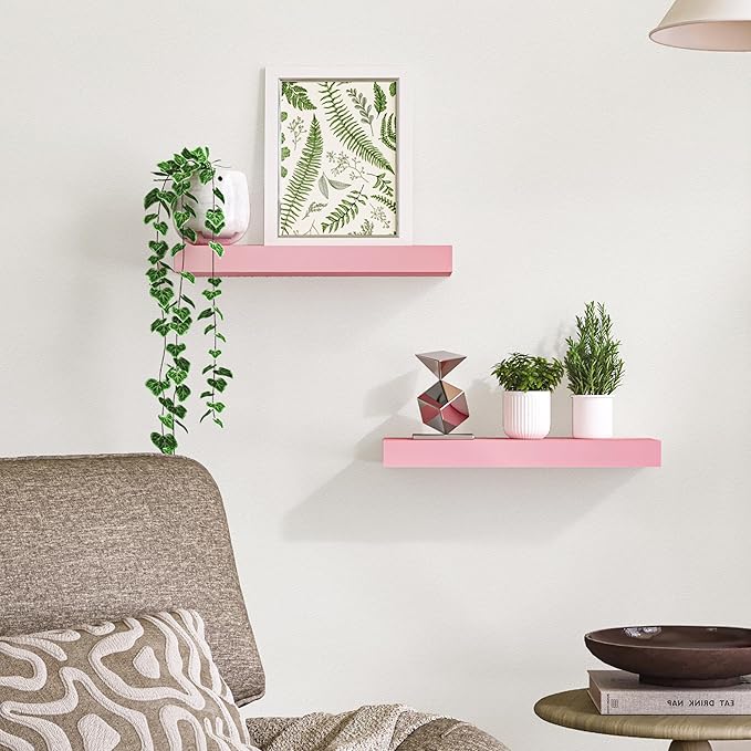 BAMEOS Pink Floating Shelves for Wall, 16" x 6" Wall Shelves for Room, Floating Book Shelves, Hanging Shelves for Bedroom, Bedroom, Living Room, Kitchen (Set of 2)-Ruum Studio Home