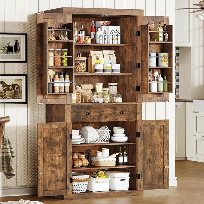 usikey 72” Kitchen Pantry Cabinet, Tall Storage Cabinet with 4 Doors and 1 Drawer, Freestanding Cupboard with 6 Hanging Shelves and Adjustable Shelves for Kitchen, Living Room, Rustic Brown-Ruum Studio Home