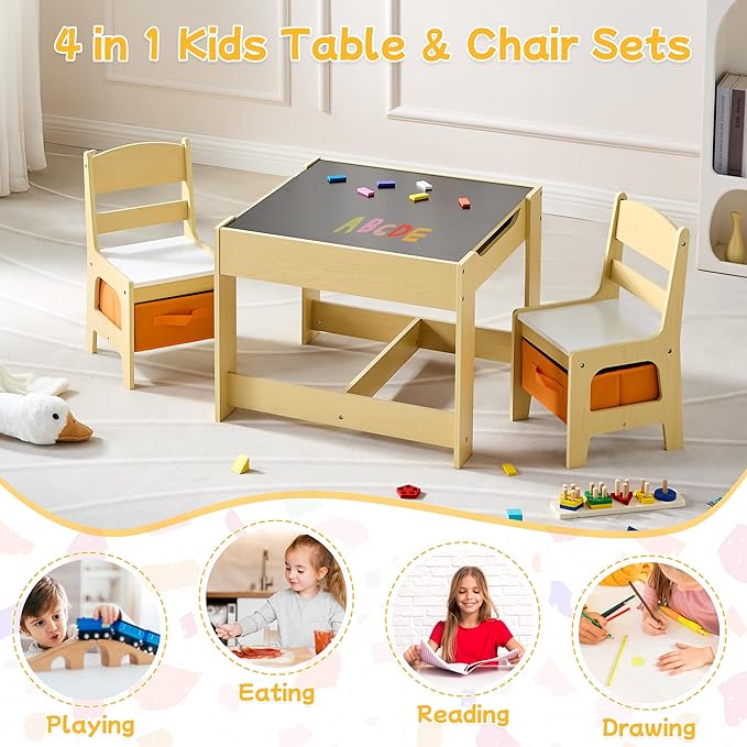 Kids Table and Chair Set, 3 in 1 Wooden Activity Table with Detachable Tabletop, Toddler Table and Chair Set with Storage Drawer, Kids Play Table for Children Art, Craft, Eating, Learning-Ruum Studio Home