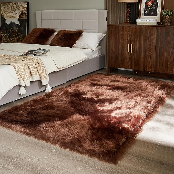 AMTOVO Faux Fur Sheepskin Rug for Living Room, 4 x 6 ft Coffee Fluffy Area Rug for Bedroom, Playroom, Luxury Room Decor, Rectangle-Ruum Studio Home