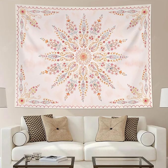 Fowocu Boho Floral Mandala Tapestry for Bedroom Aesthetic Pink Bohemian Flower Wall Tapestry Watercolor Hippie Indian Small Tapestries Wall Hanging for Living Room Dorm Decor 48 x 36 Inch-Ruum Studio Home