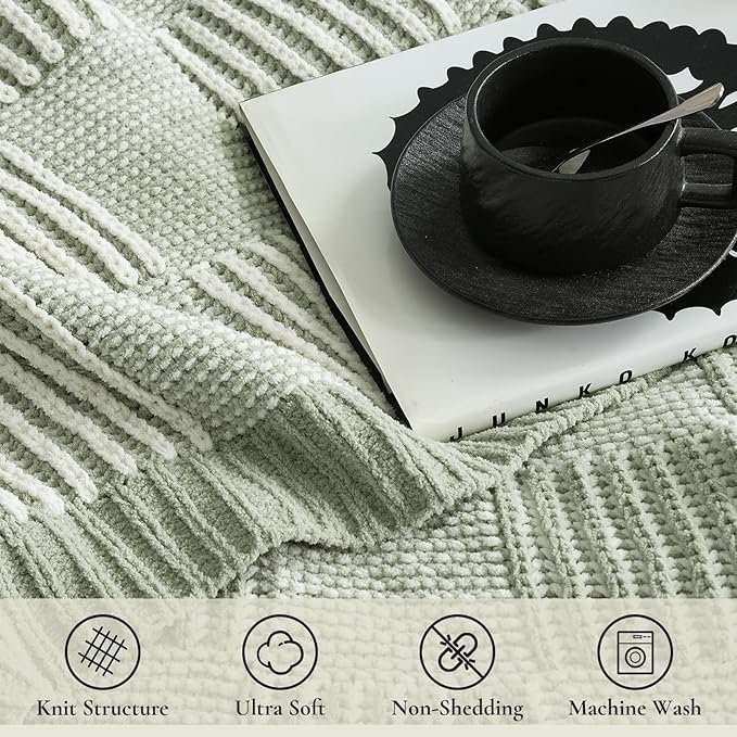 Amélie Home Chenille Knit Throw Blanket for Couch, Checkered Texture Decorative Soft Blanket for Sofa, Bed & Living Room, 50"x60", Sage Green & White-Ruum Studio Home